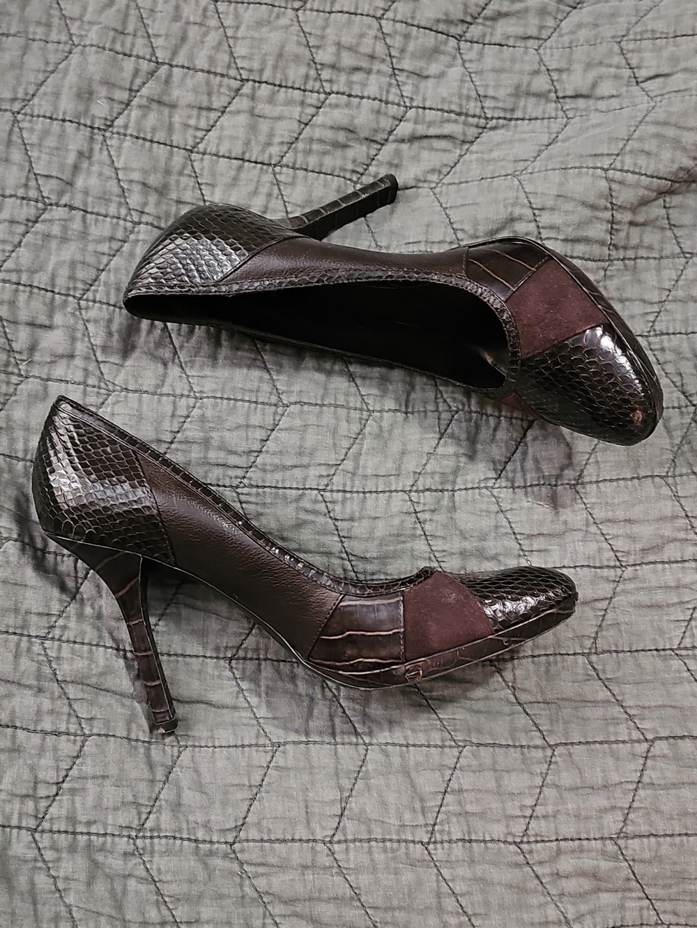 Women's Dark Brown Mixed-Material Leather Pumps 4in Heel